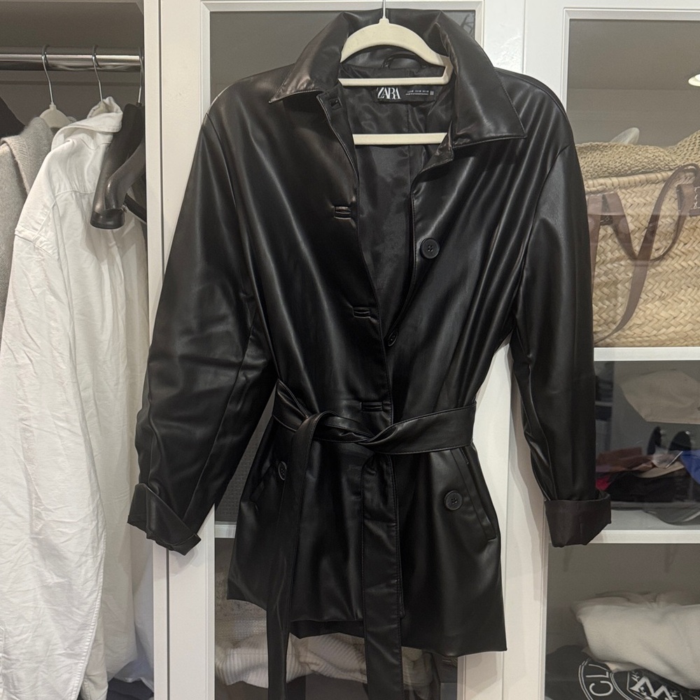 Zara Women's Black Faux Leather Belted Coat